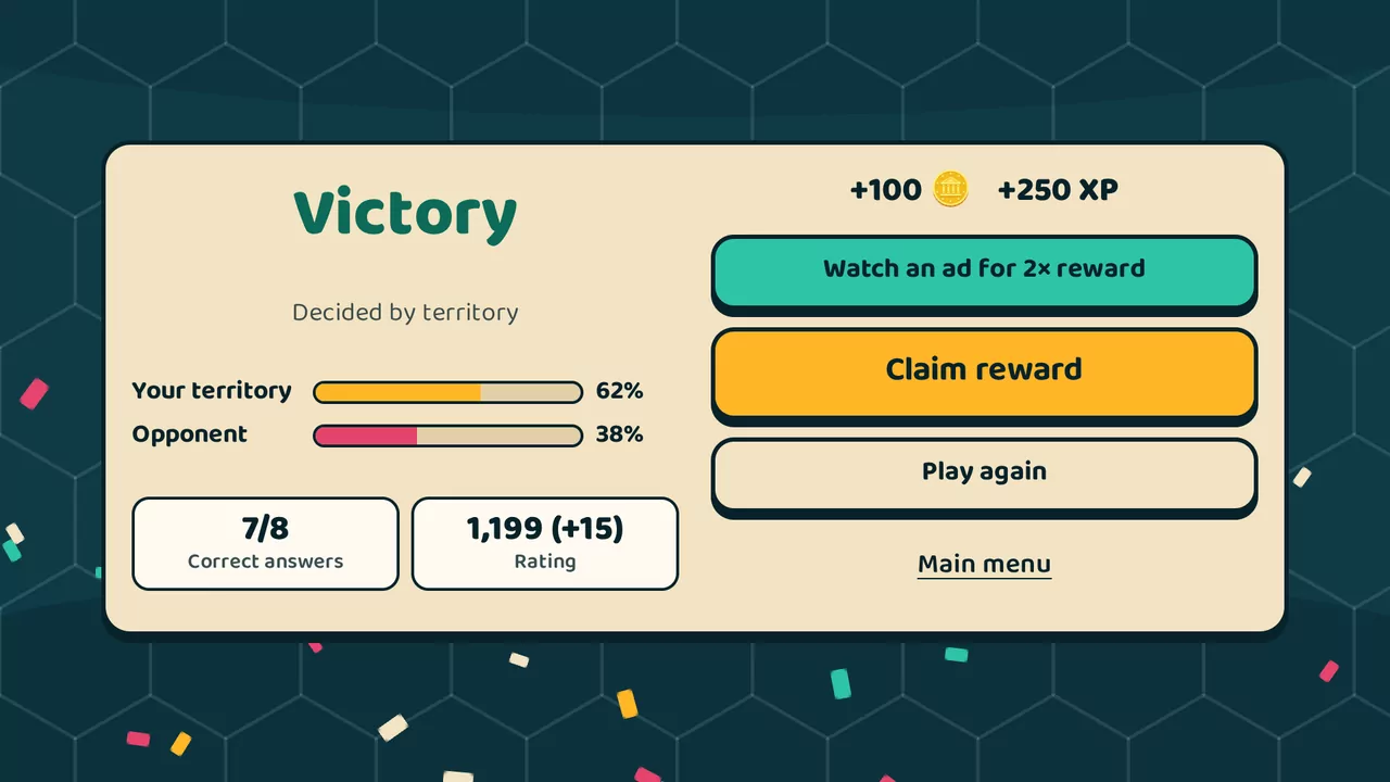 The victory screen: territory share, correct answers, rating change and coin and XP rewards